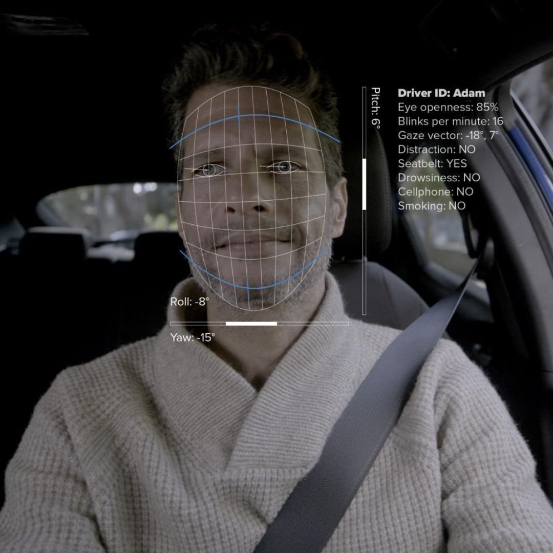 In-cab AI camera flagging a fatigue event as a truck driver yawns at the wheel