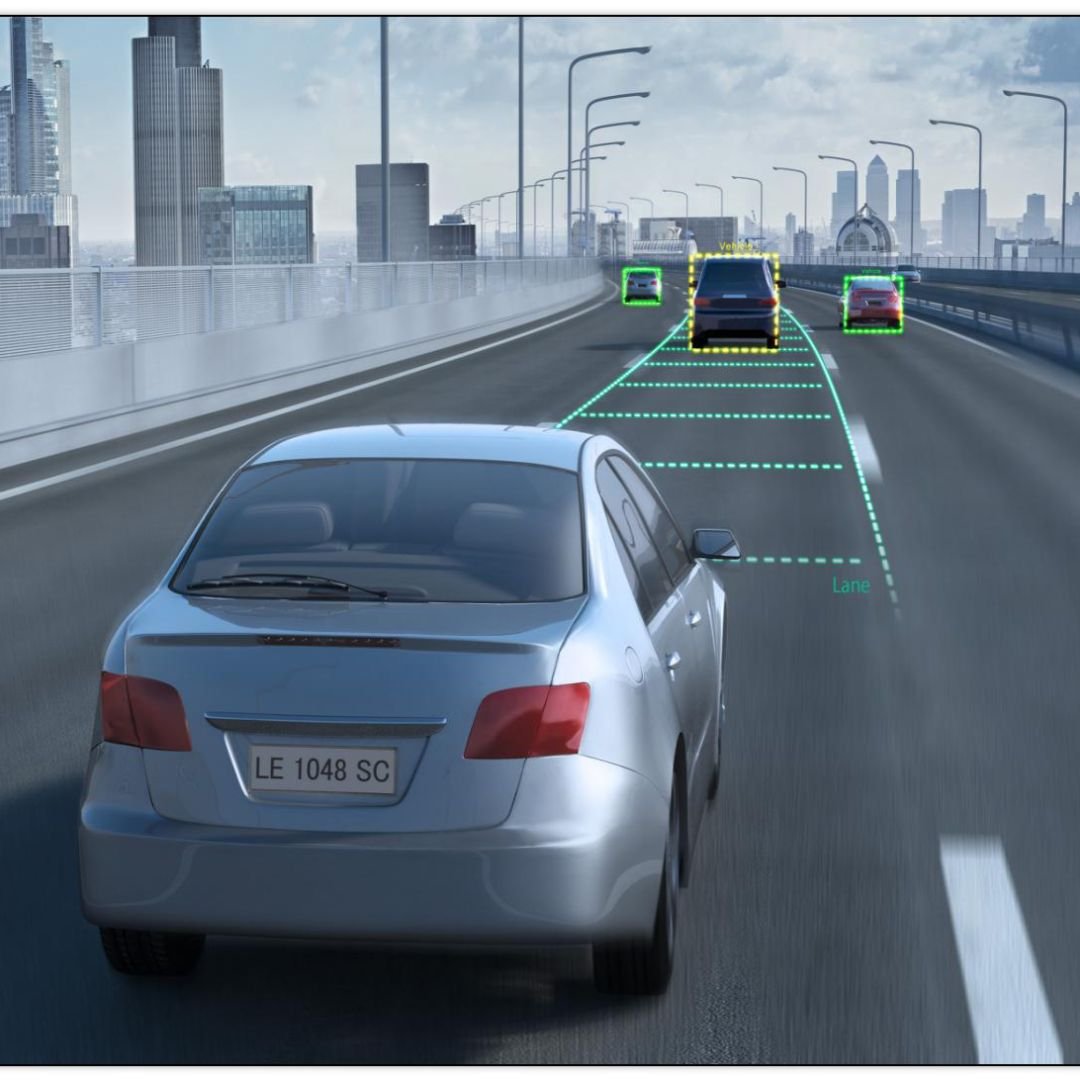 Road-facing dashcam view of a truck at sunset with a harsh-acceleration alert