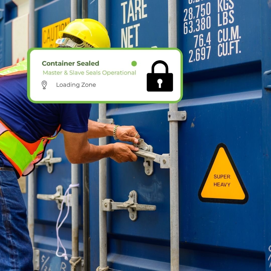 Worker sealing a shipping container with a lock status alert