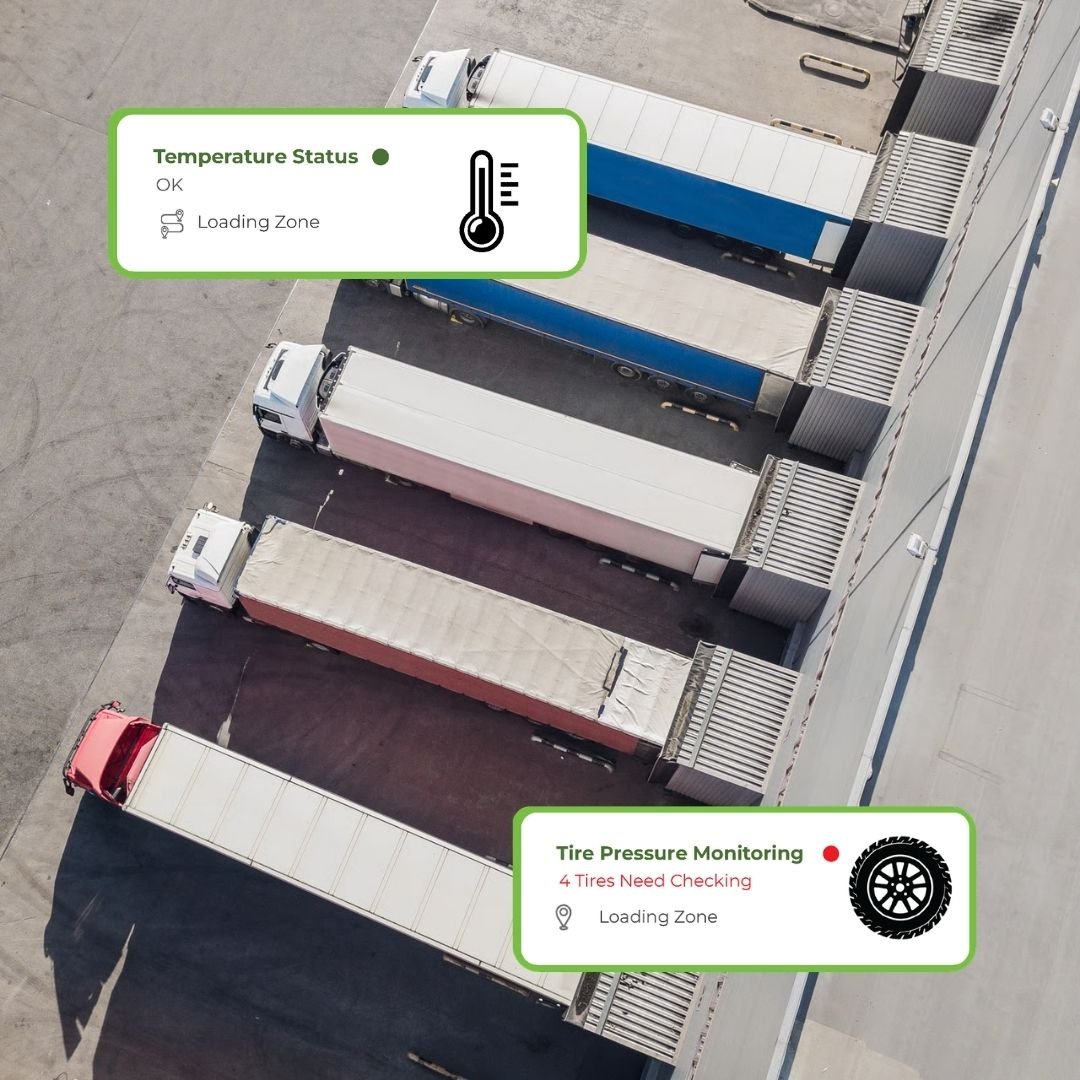 Aerial view of parked trucks with temperature and tyre-pressure readings