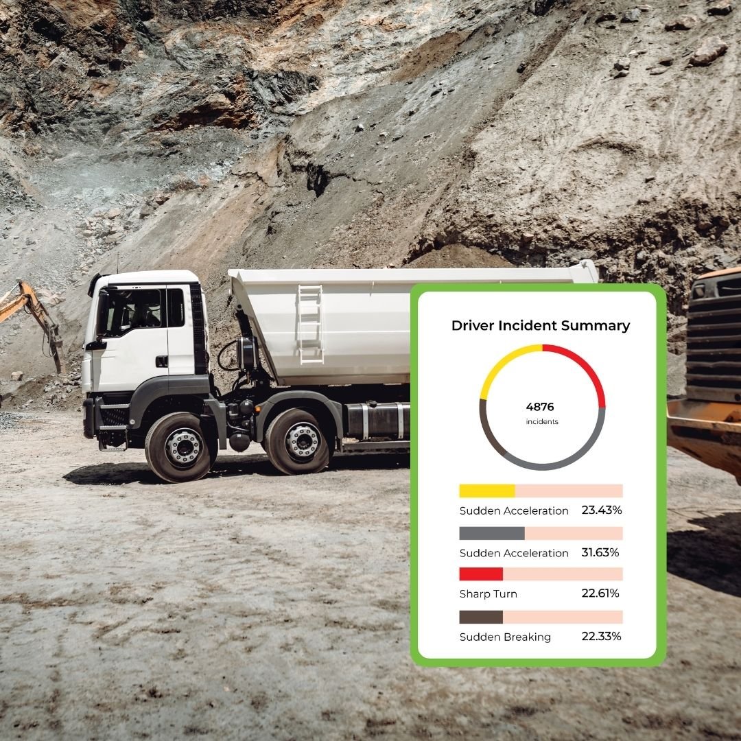 Dump truck on a quarry road with a driver incident summary