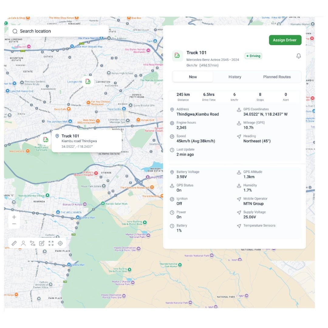 Route map with live trip details for a tracked vehicle