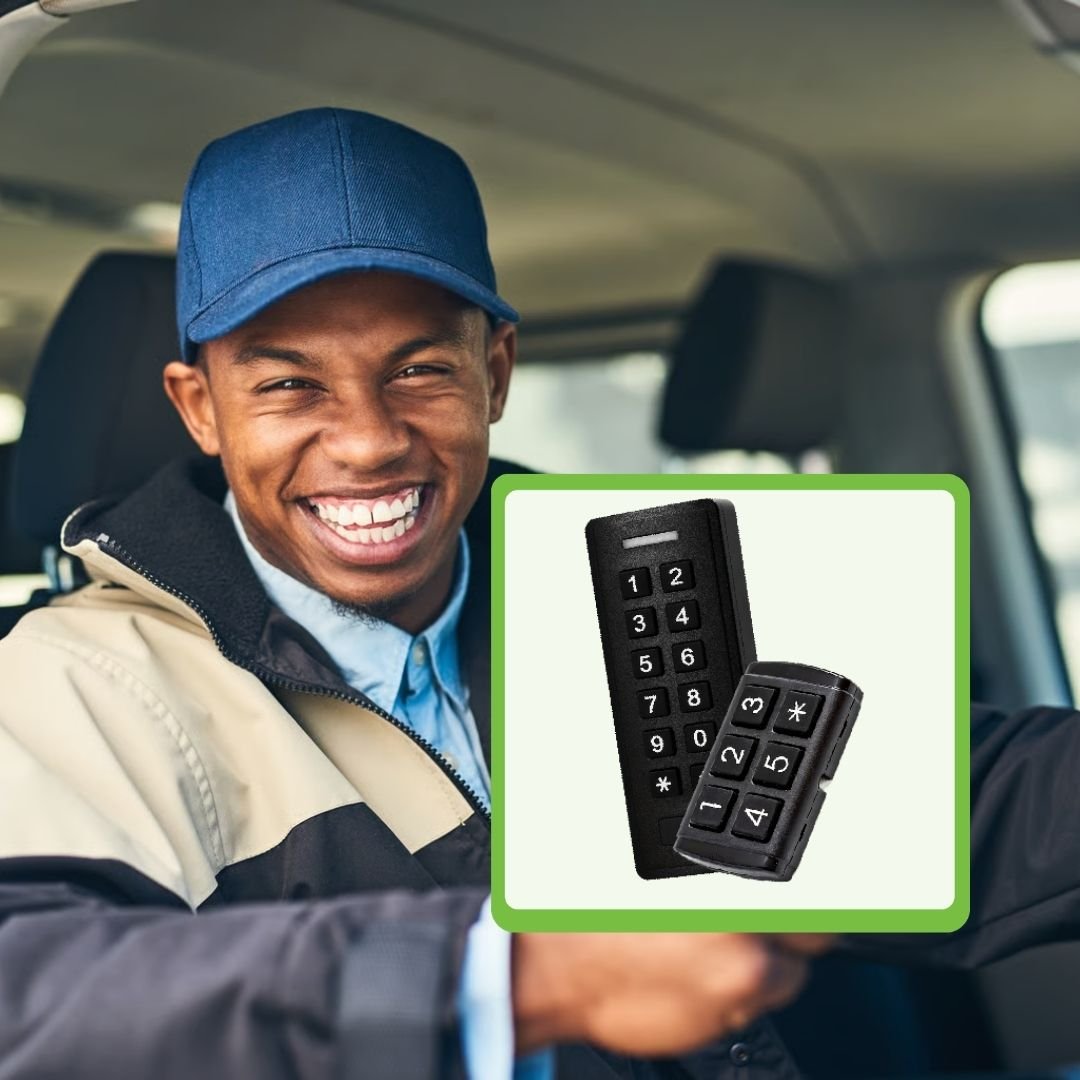 Smiling driver beside a driver identification keypad