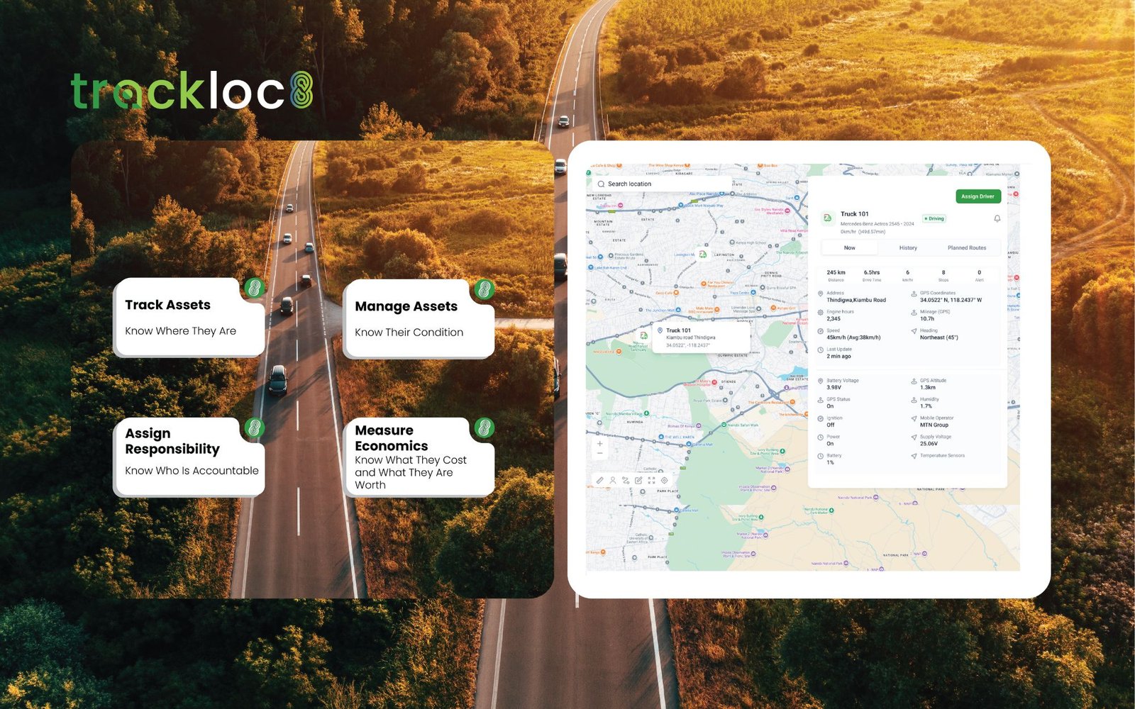 Truck driver at the wheel beside a driver incident summary from the trackloc8 platform