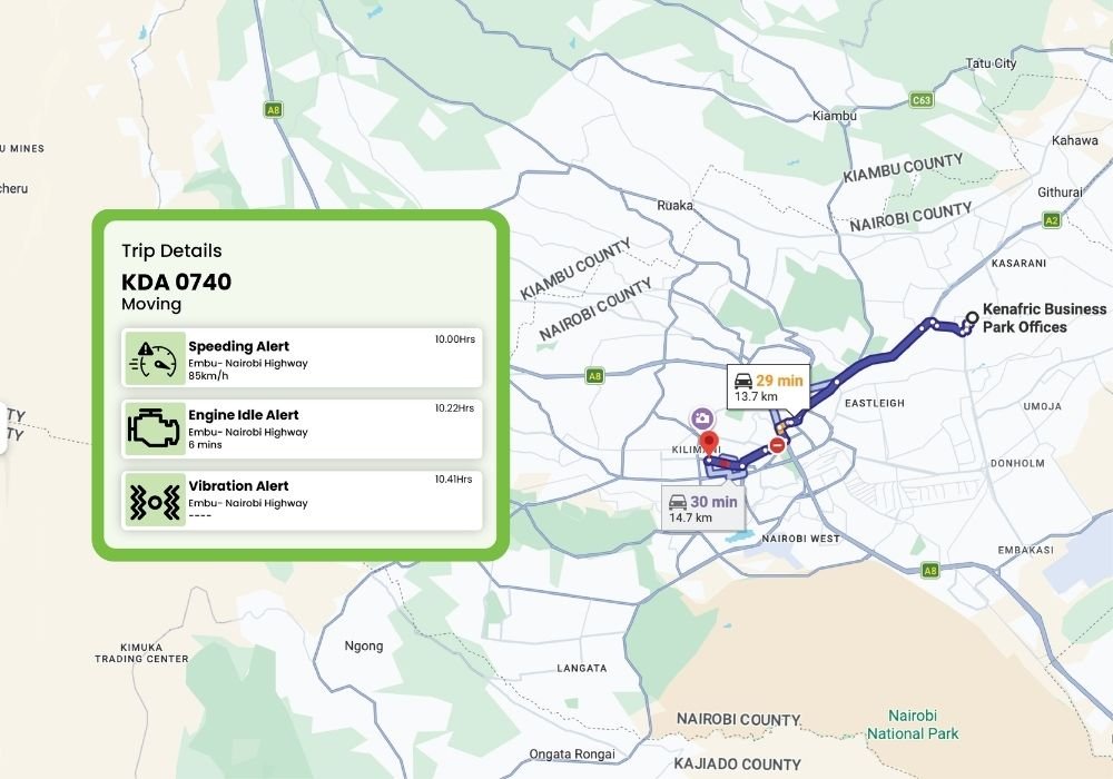 TEQ platform map view with live trip details for a connected vehicle