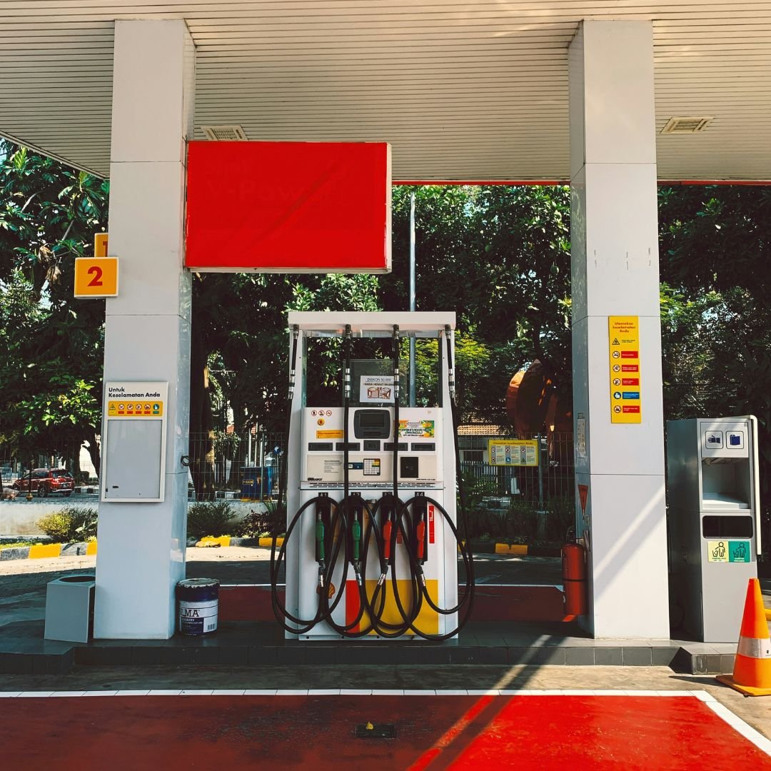 Fuel station forecourt with pumps