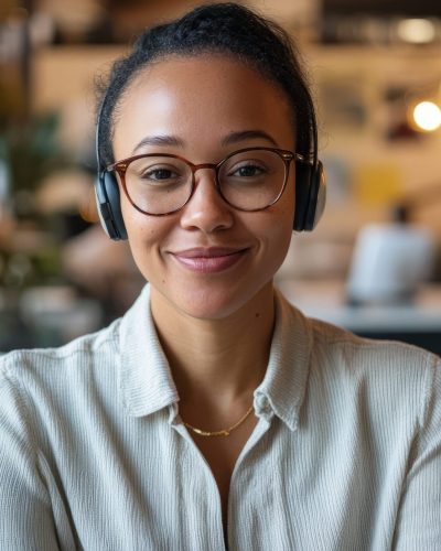 Phone calls in a corporate office, with a professional wearing a headset and a notepad on the desk